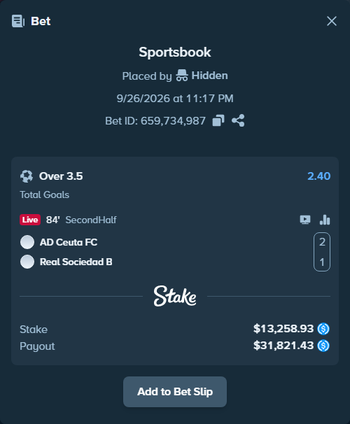 Bet slip: Ceuta - Real Sociedad San Sebastian B, $13,258.93 stake at 2.40 odds, placed by Hidden