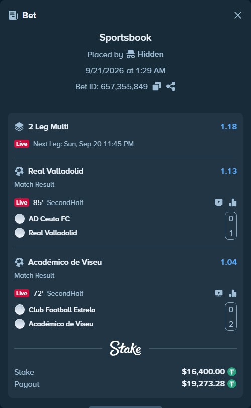 Bet slip: Ceuta - Real Valladolid, $16,400.00 stake at 1.13 odds, placed by Hidden