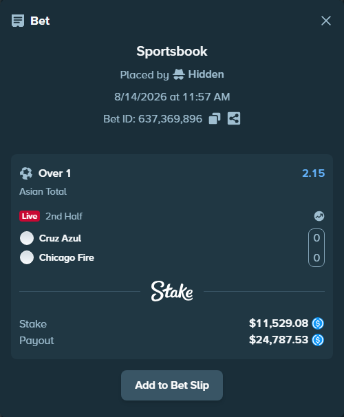 Bet slip: CF Cruz Azul - Chicago Fire, $11,529.08 stake at 2.15 odds, placed by Hidden