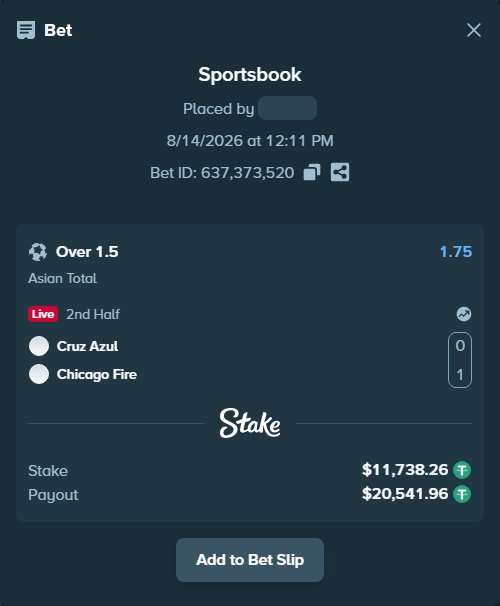 Bet slip: CF Cruz Azul - Chicago Fire, $11,750.00 stake at 1.75 odds, placed by tlwns4736