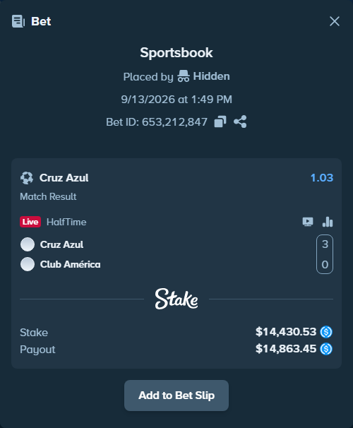 Bet slip: CF Cruz Azul - Club America, $14,430.53 stake at 1.03 odds, placed by Hidden
