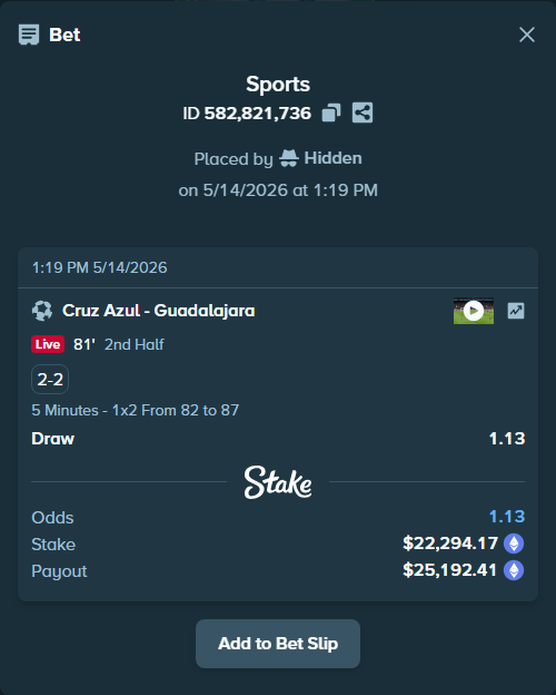 Bet slip: CF Cruz Azul - Guadalajara, $17,212.07 stake at 1.13 odds, placed by Hidden
