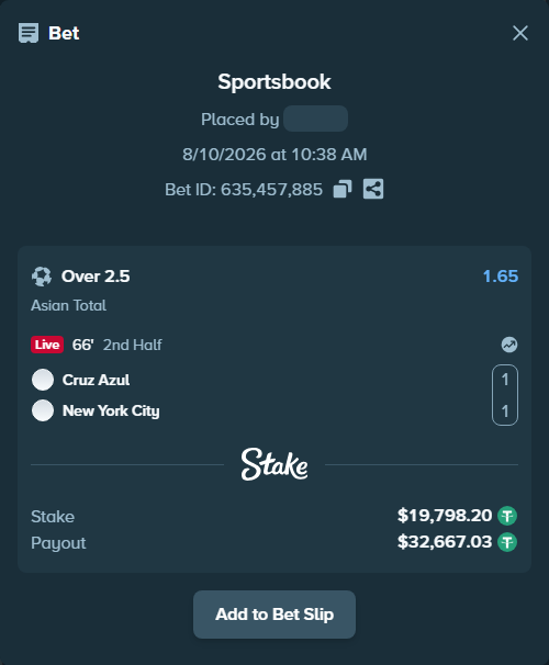 Bet slip: CF Cruz Azul - New York City, $19,818.00 stake at 1.65 odds, placed by SH7N28