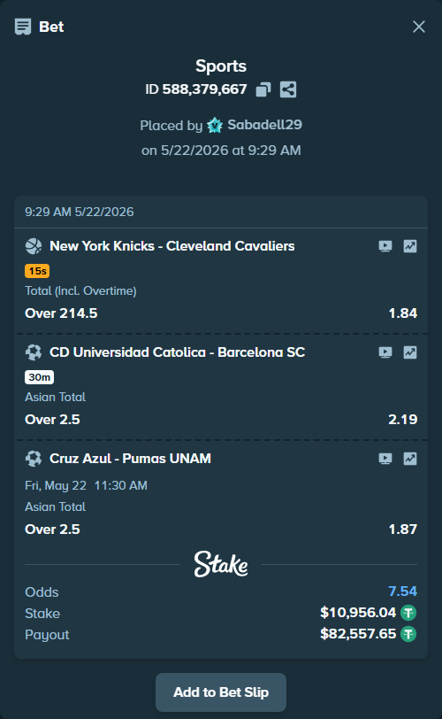 Bet slip: CF Cruz Azul - Pumas UNAM, $10,967.00 stake at 1.87 odds, placed by Sabadell29