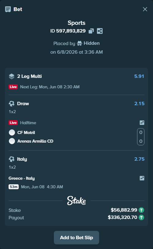 Bet slip: CF Motril - Arenas Armilla CD, $56,882.99 stake at 2.15 odds, placed by Hidden