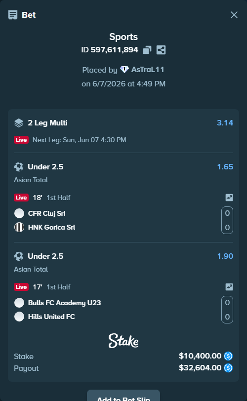 Bet slip: CFR Cluj Srl - HNK Gorica Srl, $10,400.00 stake at 1.65 odds, placed by AsTraL11