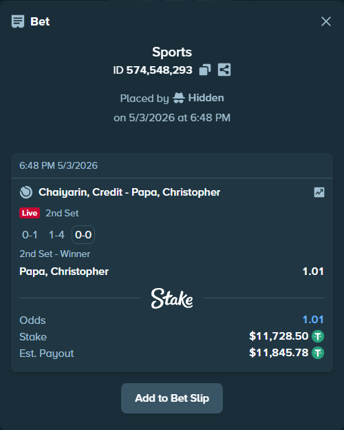 Bet slip: Chaiyarin, Credit - Papa, Christopher, $11,728.50 stake at 1.01 odds, placed by Hidden