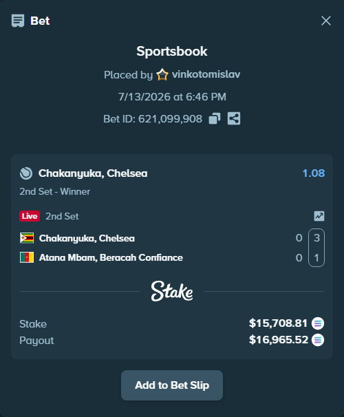 Bet slip: Chakanyuka, Chelsea - Atana Mbam, Beracah Confiance, $14,897.35 stake at 1.08 odds, placed by vinkotomislav