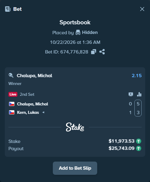 Bet slip: Chalupa, Michal - Kern, Lukas, $11,985.50 stake at 2.15 odds, placed by Hidden