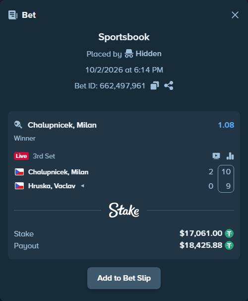 Bet slip: Chalupnicek, Milan - Hruska Sr, Vaclav, $17,061.00 stake at 1.08 odds, placed by Hidden