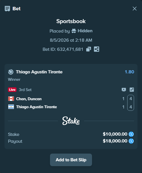Bet slip: Chan, Duncan - Thiago Agustin Tirante, $10,000.00 stake at 1.80 odds, placed by Hidden