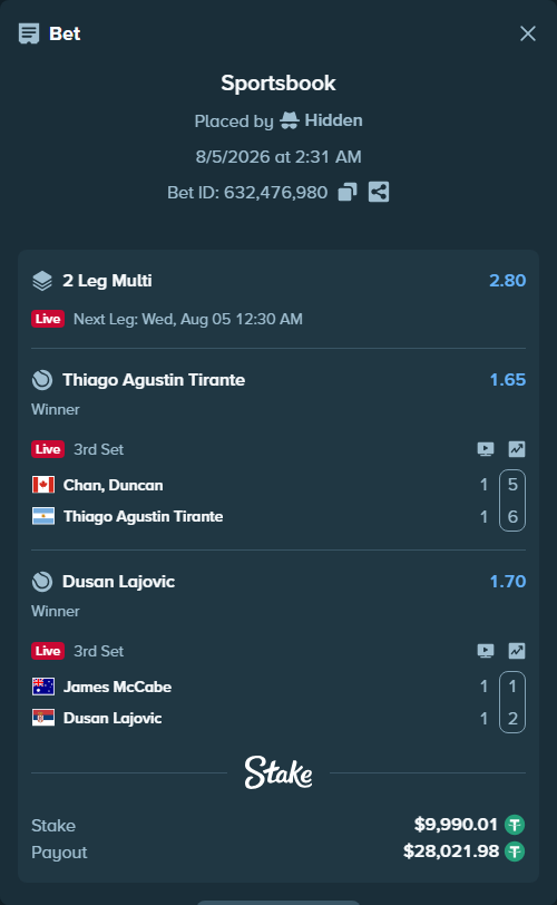Bet slip: Chan, Duncan - Thiago Agustin Tirante, $10,000.00 stake at 1.65 odds, placed by Hidden