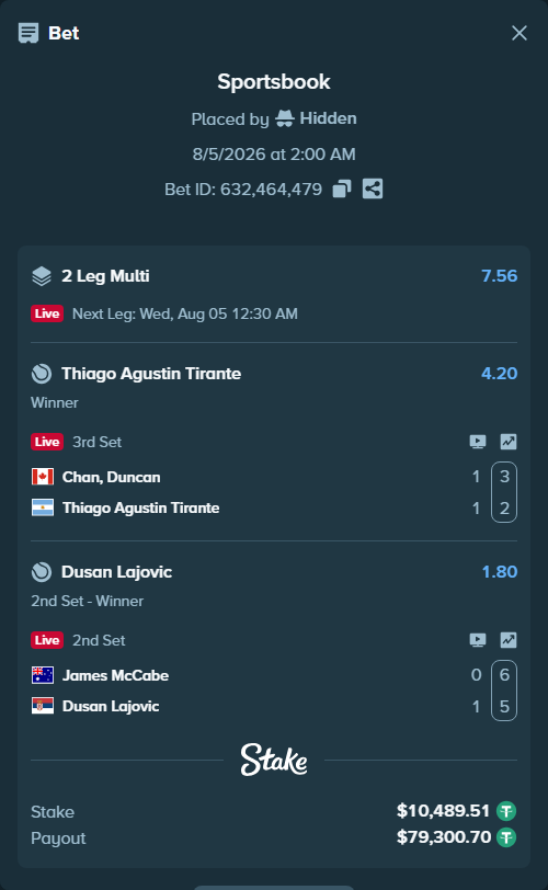Bet slip: Chan, Duncan - Thiago Agustin Tirante, $10,500.00 stake at 4.20 odds, placed by Hidden