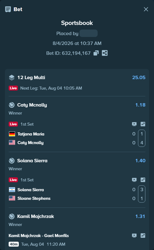 Bet slip: Chan, Duncan - Thiago Agustin Tirante, $115,002.15 stake at 1.33 odds, placed by Prettylfacko98