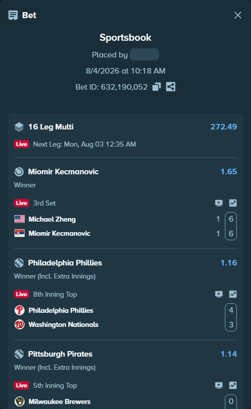 Bet slip: Chan, Duncan - Thiago Agustin Tirante, $12,583.45 stake at 1.33 odds, placed by Prettylfacko98