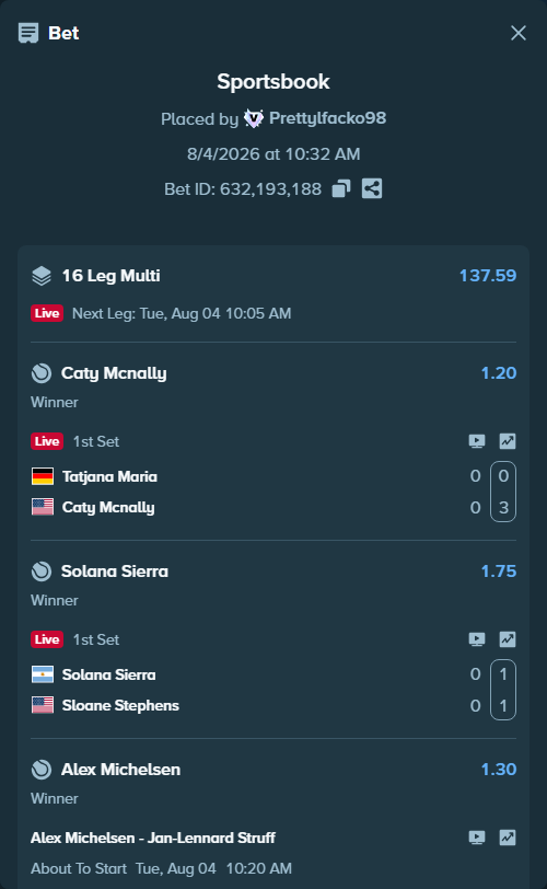 Bet slip: Chan, Duncan - Thiago Agustin Tirante, $17,159.25 stake at 1.33 odds, placed by Prettylfacko98
