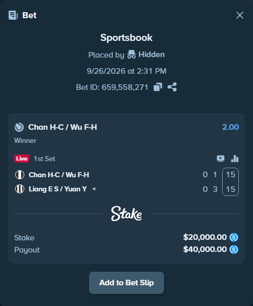 Bet slip: Chan H-C / Wu F-H - Liang E S / Yuan Y, $20,000.00 stake at 2.00 odds, placed by Tommypickles0