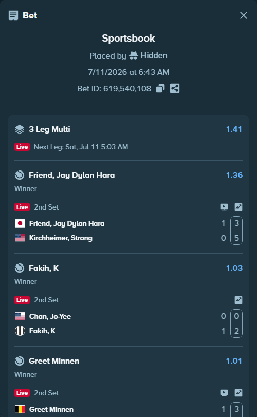Bet slip: Chan, Jo-Yee - Fakih, K, $10,000.00 stake at 1.03 odds, placed by Hidden