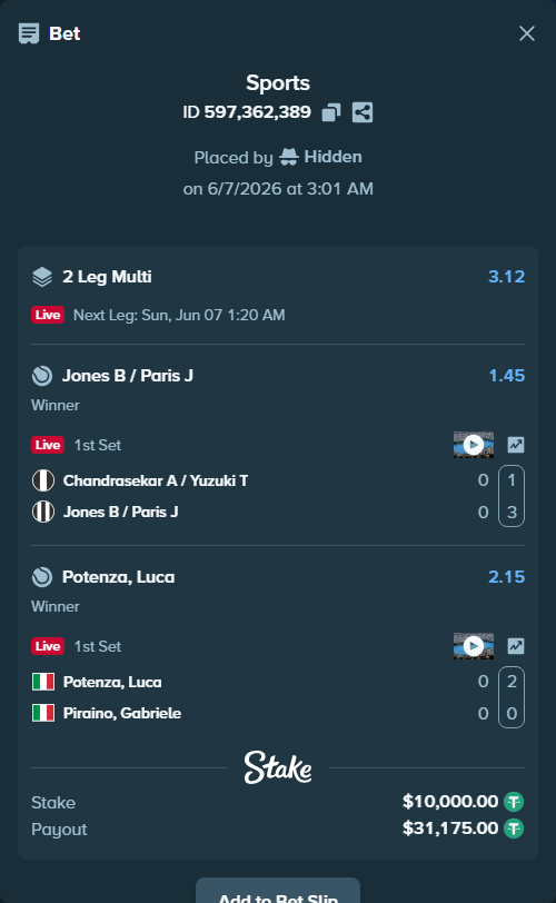 Bet slip: Chandrasekar A / Yuzuki T - Jones B / Paris J, $10,000.00 stake at 1.45 odds, placed by Hidden