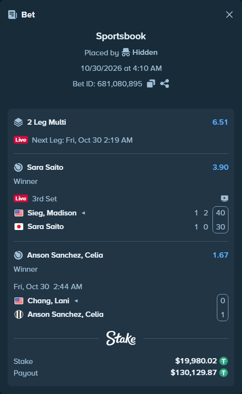 Bet slip: Chang, Lani - Anson Sanchez, Celia, $20,000.00 stake at 1.67 odds, placed by Hidden