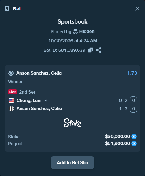 Bet slip: Chang, Lani - Anson Sanchez, Celia, $30,000.00 stake at 1.73 odds, placed by Hidden
