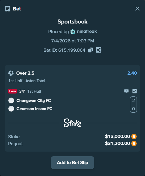Bet slip: Changwon FC - Geumsan Insam FC, $13,026.04 stake at 2.40 odds, placed by ninafreak