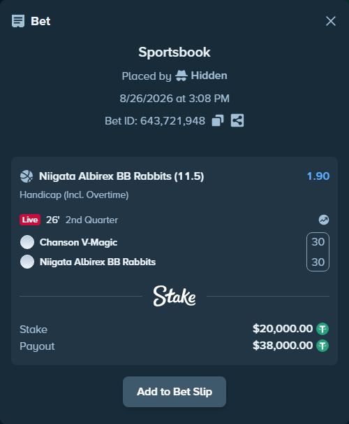Bet slip: Chanson V-Magic - Niigata Albirex BB Rabbits, $20,000.00 stake at 1.90 odds, placed by Hidden