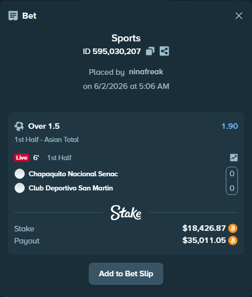 Bet slip: Chapaquito Nacional Senac - Club Deportivo San Martin, $16,619.31 stake at 1.90 odds, placed by ninafreak
