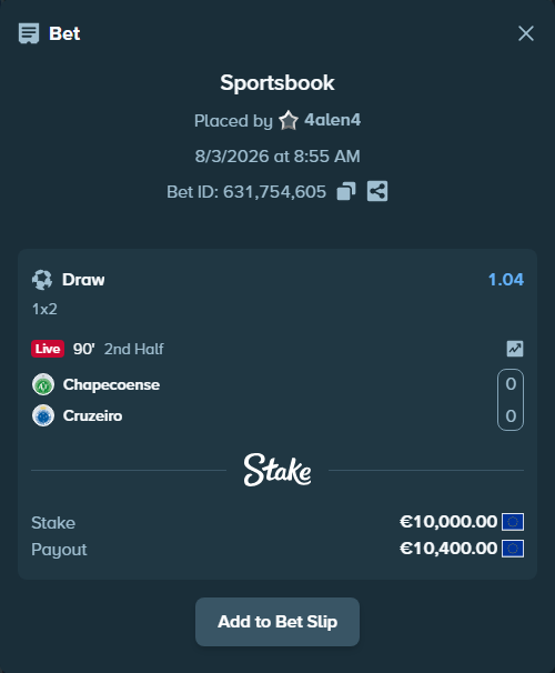Bet slip: Chapecoense - Cruzeiro, $10,800.00 stake at 1.04 odds, placed by 4alen4