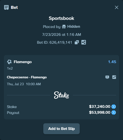 Bet slip: Chapecoense - Flamengo, $37,240.00 stake at 1.45 odds, placed by Hidden
