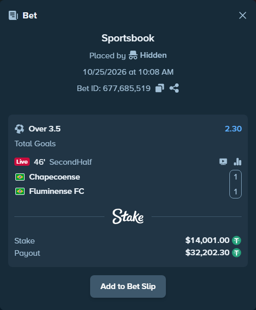 Bet slip: Chapecoense - Fluminense, $14,015.00 stake at 2.30 odds, placed by playppt