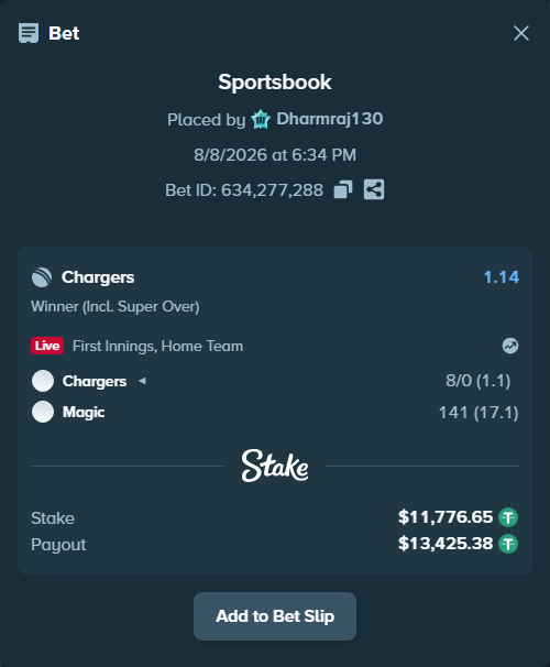 Bet slip: Chargers - Magic, $11,788.42 stake at 1.14 odds, placed by Dharmraj130