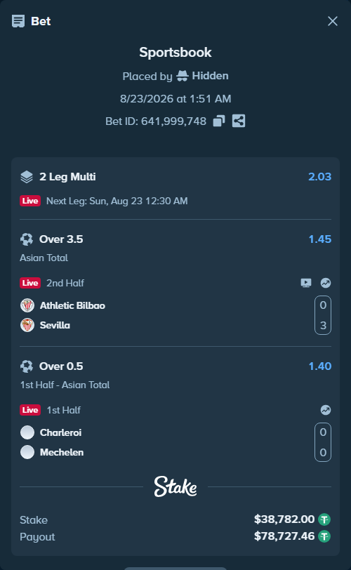 Bet slip: Charleroi - Mechelen, $38,782.00 stake at 1.40 odds, placed by Hidden