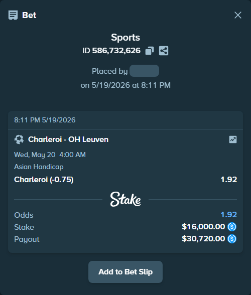 Bet slip: Charleroi - OH Leuven, $16,000.00 stake at 1.92 odds, placed by caob99