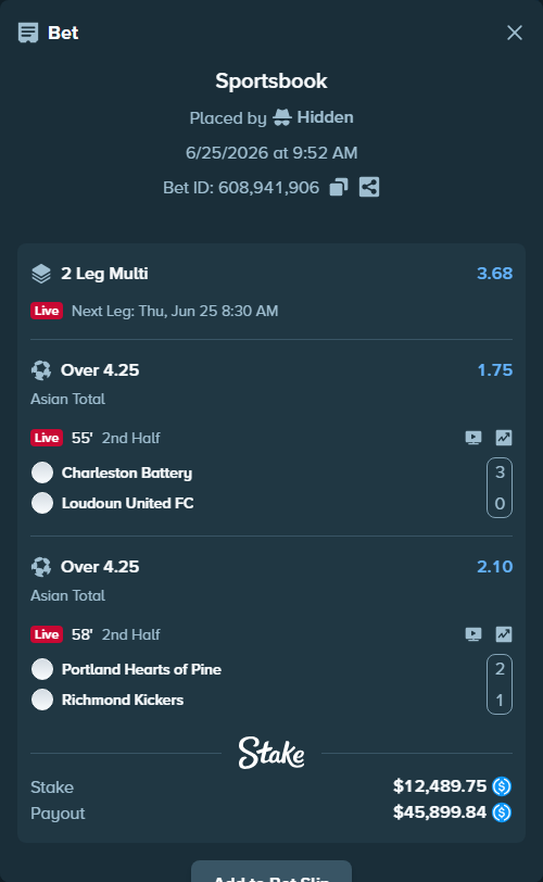 Bet slip: Charleston Battery - Loudoun United FC, $12,489.75 stake at 1.75 odds, placed by Hidden