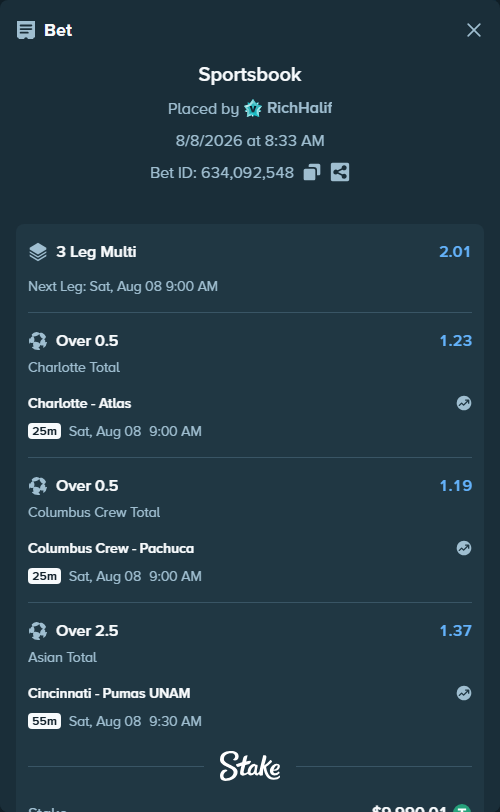 Bet slip: Charlotte - Atlas, $10,000.00 stake at 1.23 odds, placed by RichHalif