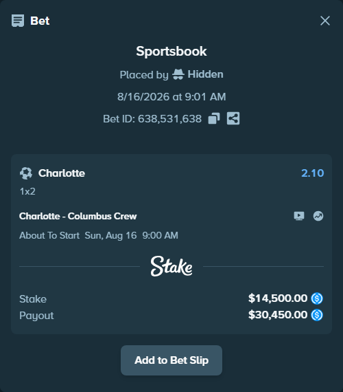 Bet slip: Charlotte - Columbus Crew, $14,500.00 stake at 2.10 odds, placed by Hidden