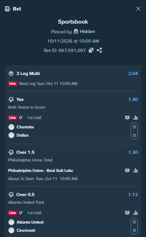 Bet slip: Charlotte - Dallas, $10,010.00 stake at 1.40 odds, placed by Hidden