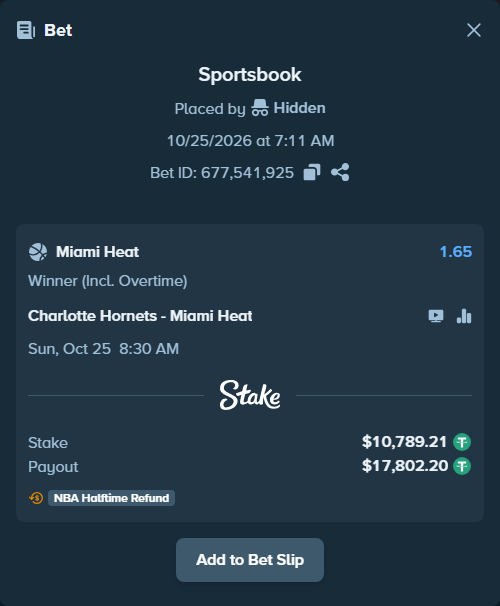 Bet slip: Charlotte Hornets - Miami Heat, $10,800.00 stake at 1.65 odds, placed by Karay100