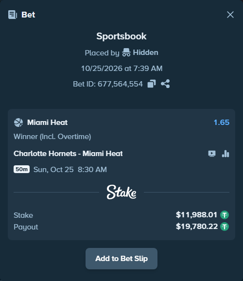 Bet slip: Charlotte Hornets - Miami Heat, $12,000.00 stake at 1.65 odds, placed by LPhesha