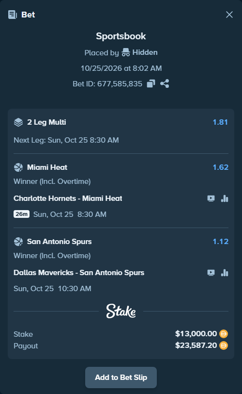 Bet slip: Charlotte Hornets - Miami Heat, $13,000.00 stake at 1.62 odds, placed by Hidden