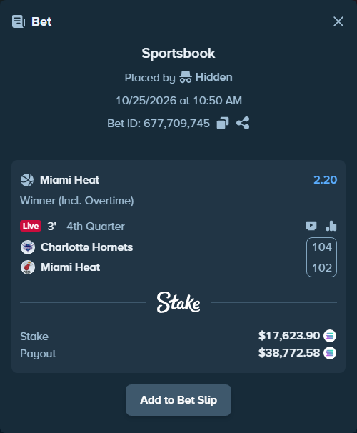 Bet slip: Charlotte Hornets - Miami Heat, $17,638.63 stake at 2.20 odds, placed by Prettylfacko98
