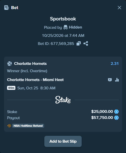 Bet slip: Charlotte Hornets - Miami Heat, $25,000.00 stake at 2.31 odds, placed by FootExpert200