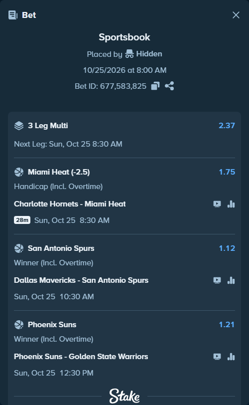 Bet slip: Charlotte Hornets - Miami Heat, $50,062.67 stake at 1.75 odds, placed by Hidden