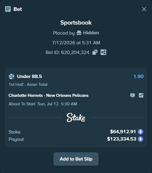 Bet slip: Charlotte Hornets - New Orleans Pelicans, $67,787.05 stake at 1.90 odds, placed by Hidden