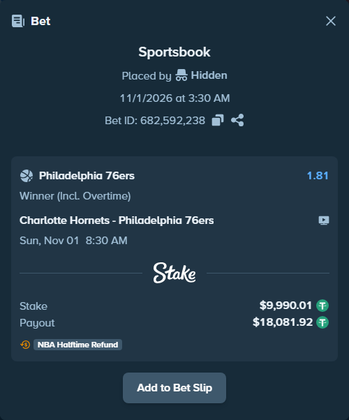 Bet slip: Charlotte Hornets - Philadelphia 76ers, $10,000.00 stake at 1.81 odds, placed by Hanselwilliam1