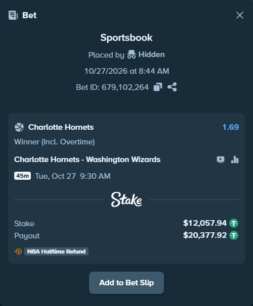 Bet slip: Charlotte Hornets - Washington Wizards, $12,070.00 stake at 1.69 odds, placed by Hidden