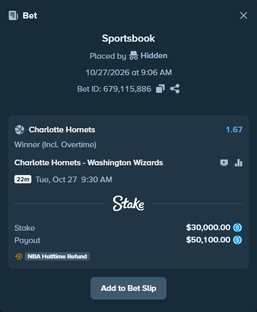 Bet slip: Charlotte Hornets - Washington Wizards, $30,000.00 stake at 1.67 odds, placed by Daria212