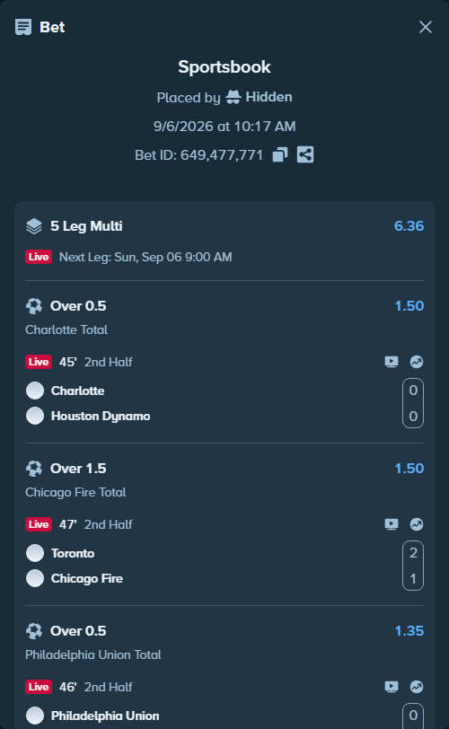 Bet slip: Charlotte - Houston Dynamo, $145,985.40 stake at 1.50 odds, placed by Hidden