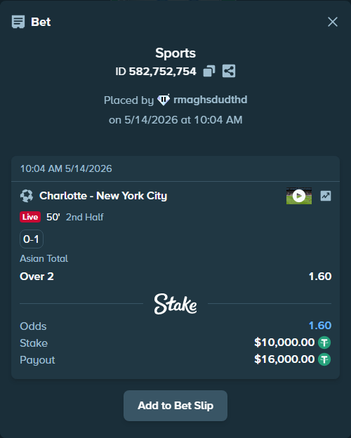 Bet slip: Charlotte - New York City, $10,000.00 stake at 1.60 odds, placed by rmaghsdudthd